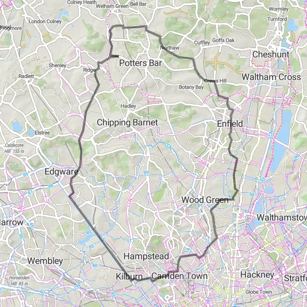 Map miniature of "Craters and Countryside" cycling inspiration in Outer London — West and North West, United Kingdom. Generated by Tarmacs.app cycling route planner
