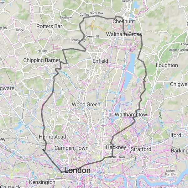Map miniature of "Road Cycling to Goffs Oak" cycling inspiration in Outer London — West and North West, United Kingdom. Generated by Tarmacs.app cycling route planner