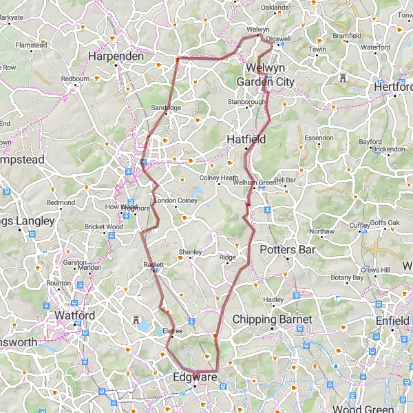 Map miniature of "Scenic Gravel Loop through Radlett and Hatfield" cycling inspiration in Outer London — West and North West, United Kingdom. Generated by Tarmacs.app cycling route planner