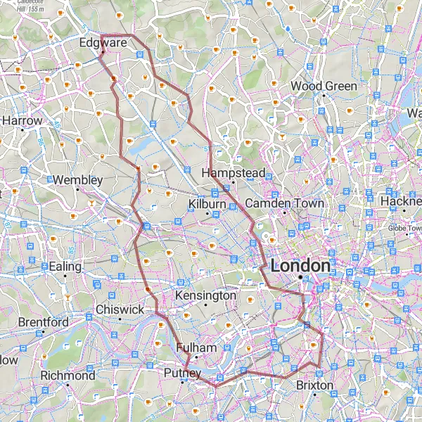 Map miniature of "Gravel Grind: Hampstead to Fulham" cycling inspiration in Outer London — West and North West, United Kingdom. Generated by Tarmacs.app cycling route planner