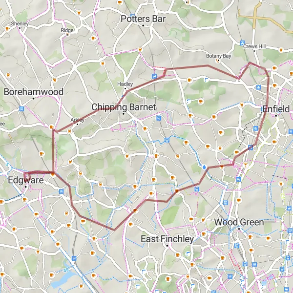 Map miniature of "Arkley to Southgate Gravel Loop" cycling inspiration in Outer London — West and North West, United Kingdom. Generated by Tarmacs.app cycling route planner