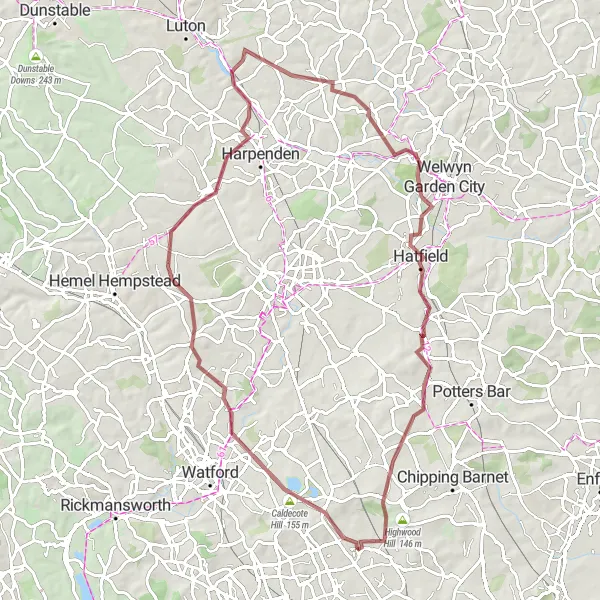 Map miniature of "Caldecote Hill Gravel Adventure" cycling inspiration in Outer London — West and North West, United Kingdom. Generated by Tarmacs.app cycling route planner