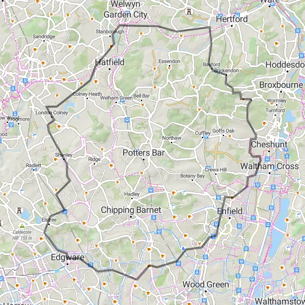 Map miniature of "Edgware to Shenley Loop" cycling inspiration in Outer London — West and North West, United Kingdom. Generated by Tarmacs.app cycling route planner