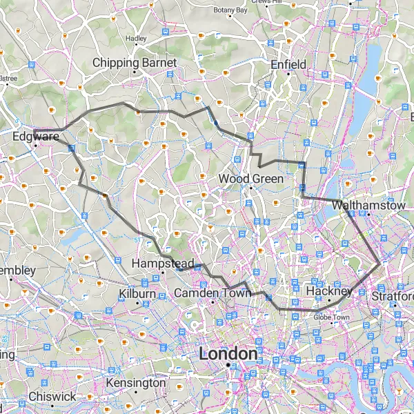 Map miniature of "Edgware to Camden Town Loop" cycling inspiration in Outer London — West and North West, United Kingdom. Generated by Tarmacs.app cycling route planner