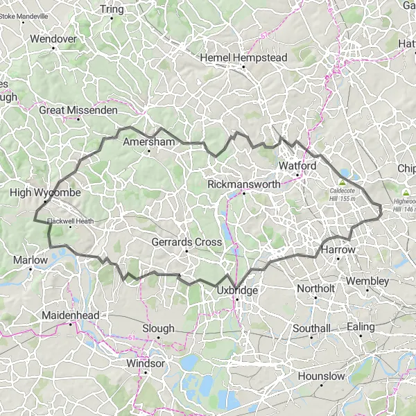 Map miniature of "West Harrow to Caldecote Hill Adventure" cycling inspiration in Outer London — West and North West, United Kingdom. Generated by Tarmacs.app cycling route planner