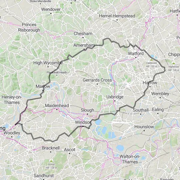 Map miniature of "Edgware to Warner Bros. Studio Tour London Road Epic" cycling inspiration in Outer London — West and North West, United Kingdom. Generated by Tarmacs.app cycling route planner