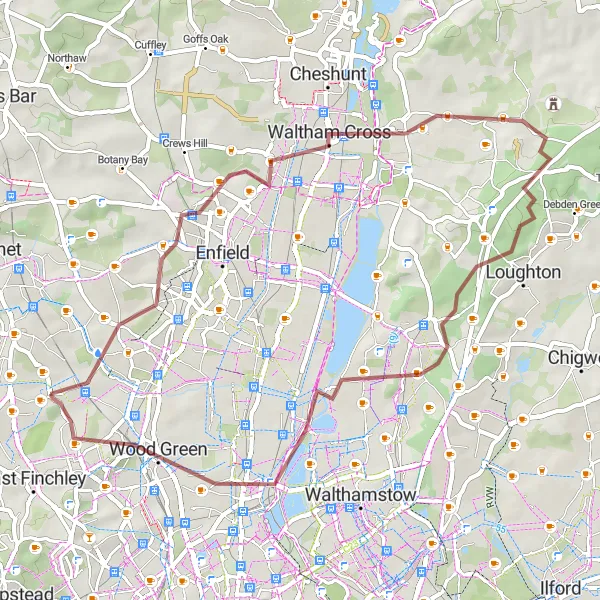 Map miniature of "Waltham Cross to Alexandra Palace Gravel Route" cycling inspiration in Outer London — West and North West, United Kingdom. Generated by Tarmacs.app cycling route planner