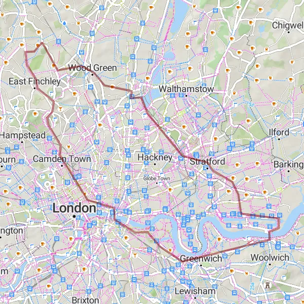 Map miniature of "Harringay to Highgate Gravel Route" cycling inspiration in Outer London — West and North West, United Kingdom. Generated by Tarmacs.app cycling route planner