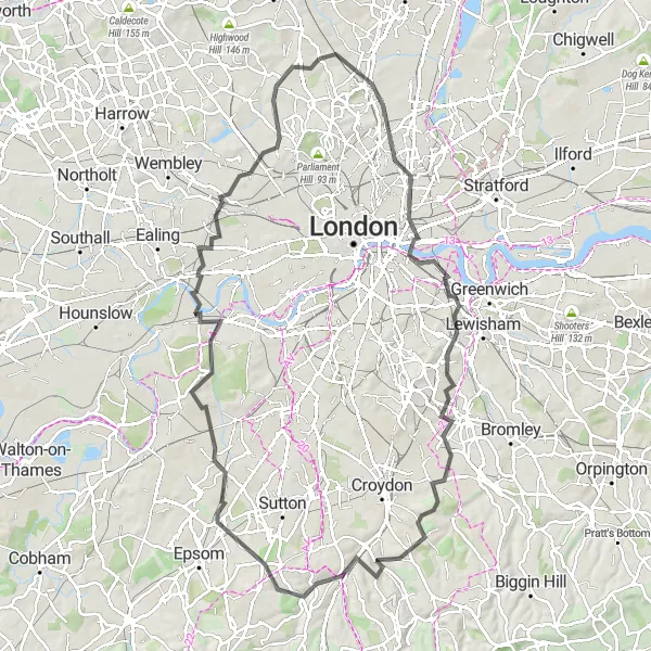 Map miniature of "London Landmarks Challenge" cycling inspiration in Outer London — West and North West, United Kingdom. Generated by Tarmacs.app cycling route planner