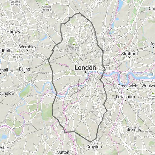 Map miniature of "The Loop of London Highlights" cycling inspiration in Outer London — West and North West, United Kingdom. Generated by Tarmacs.app cycling route planner