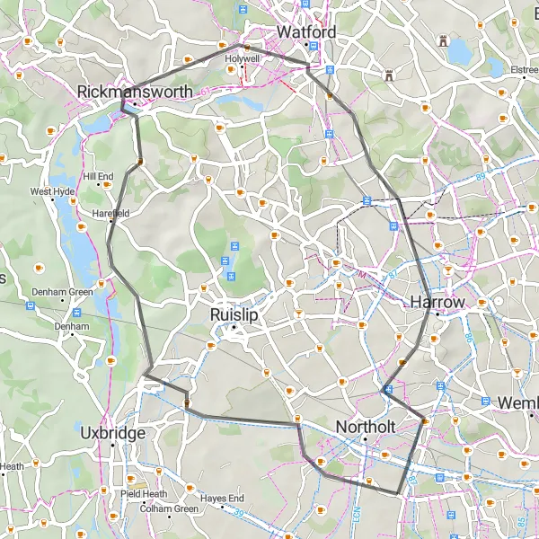 Map miniature of "The Exploration of North West London" cycling inspiration in Outer London — West and North West, United Kingdom. Generated by Tarmacs.app cycling route planner