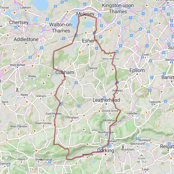 Map miniature of "Hampton Winey Hill Gravel Adventure" cycling inspiration in Outer London — West and North West, United Kingdom. Generated by Tarmacs.app cycling route planner