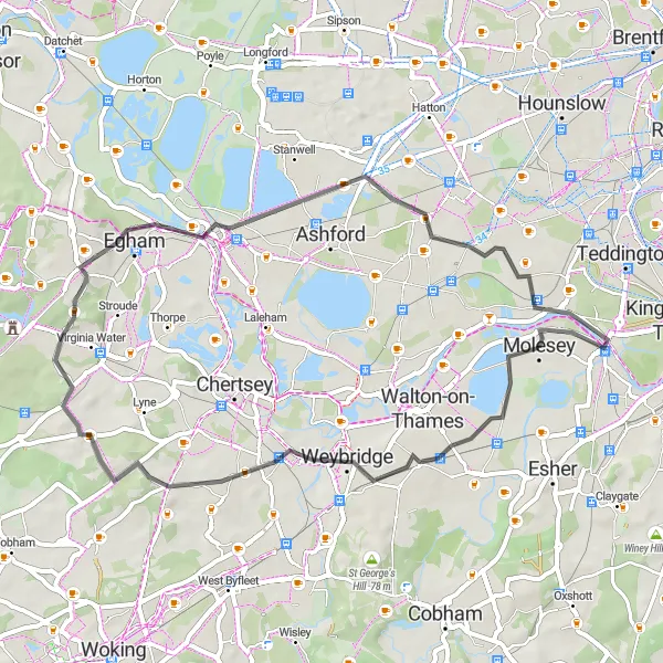 Map miniature of "Hampton to Addlestone Loop" cycling inspiration in Outer London — West and North West, United Kingdom. Generated by Tarmacs.app cycling route planner