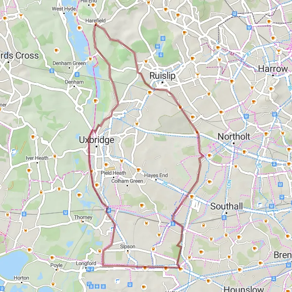 Map miniature of "Uxbridge Gravel Loop" cycling inspiration in Outer London — West and North West, United Kingdom. Generated by Tarmacs.app cycling route planner