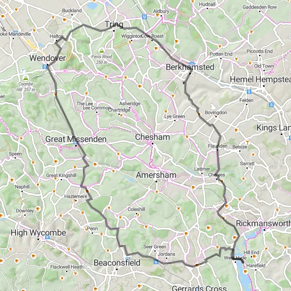 Map miniature of "The Grand Tour of Chiltern Hills" cycling inspiration in Outer London — West and North West, United Kingdom. Generated by Tarmacs.app cycling route planner