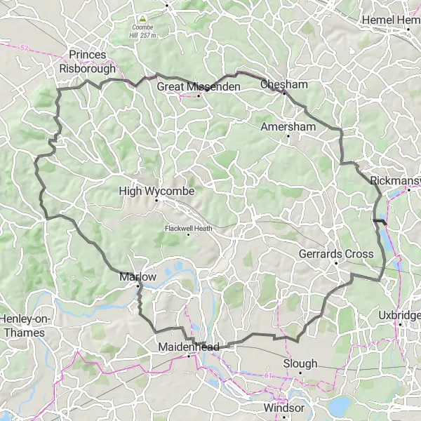 Map miniature of "Chiltern Circumnavigation" cycling inspiration in Outer London — West and North West, United Kingdom. Generated by Tarmacs.app cycling route planner