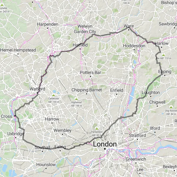 Map miniature of "From Batchworth Heath to Ickenham" cycling inspiration in Outer London — West and North West, United Kingdom. Generated by Tarmacs.app cycling route planner