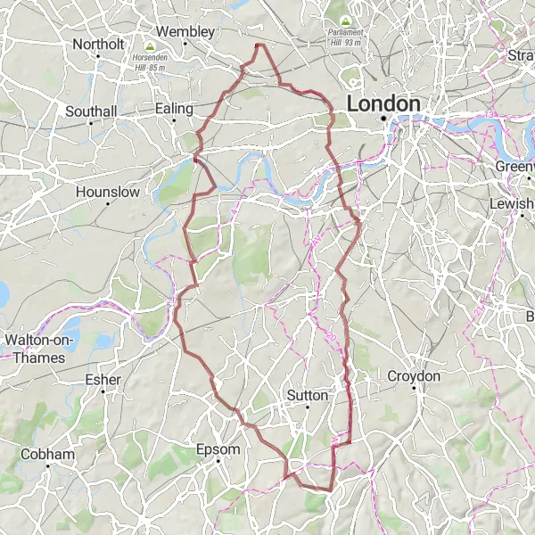 Map miniature of "West London Gravel Exploration" cycling inspiration in Outer London — West and North West, United Kingdom. Generated by Tarmacs.app cycling route planner