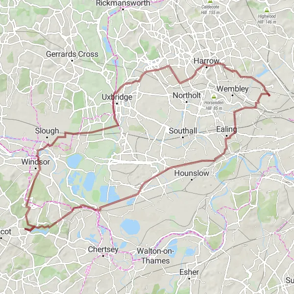 Map miniature of "West London Gravel Adventure" cycling inspiration in Outer London — West and North West, United Kingdom. Generated by Tarmacs.app cycling route planner