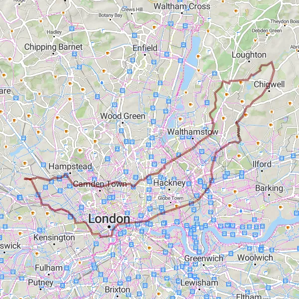 Map miniature of "Gravel Tour: Through Woods and Hills" cycling inspiration in Outer London — West and North West, United Kingdom. Generated by Tarmacs.app cycling route planner