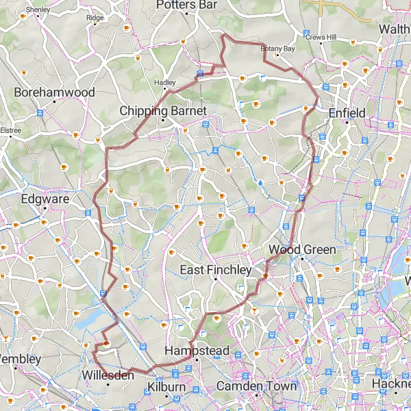 Map miniature of "Gravel Adventure: From Harlesden to Brondesbury" cycling inspiration in Outer London — West and North West, United Kingdom. Generated by Tarmacs.app cycling route planner