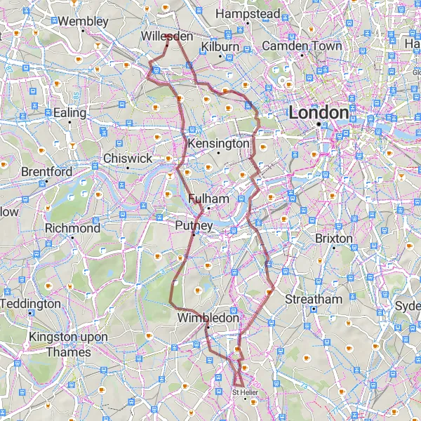 Map miniature of "West London Gravel Trail" cycling inspiration in Outer London — West and North West, United Kingdom. Generated by Tarmacs.app cycling route planner