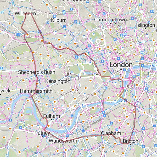 Map miniature of "Buckingham Palace: Gravel Viewpoint Ride" cycling inspiration in Outer London — West and North West, United Kingdom. Generated by Tarmacs.app cycling route planner