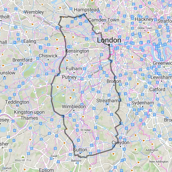 Map miniature of "Harlesden to Primrose Hill and Beyond" cycling inspiration in Outer London — West and North West, United Kingdom. Generated by Tarmacs.app cycling route planner