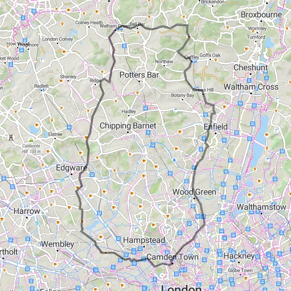Map miniature of "North West London Road Adventure" cycling inspiration in Outer London — West and North West, United Kingdom. Generated by Tarmacs.app cycling route planner