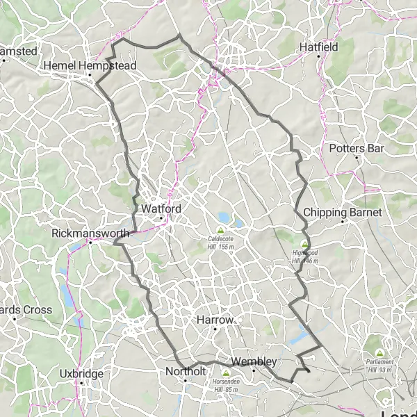 Map miniature of "North West London Road Tour" cycling inspiration in Outer London — West and North West, United Kingdom. Generated by Tarmacs.app cycling route planner