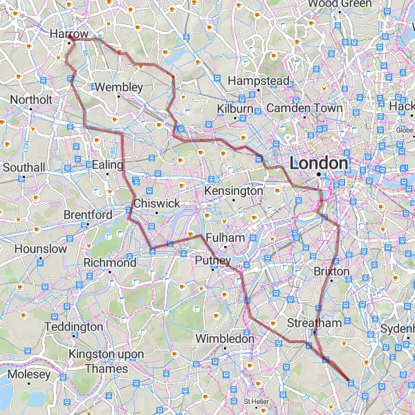 Map miniature of "Gravel Adventure: Harrow to Westminster Loop" cycling inspiration in Outer London — West and North West, United Kingdom. Generated by Tarmacs.app cycling route planner