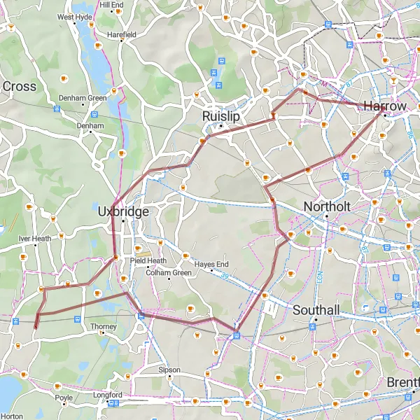 Map miniature of "Gravel Adventure: Harrow Hill to Ruislip" cycling inspiration in Outer London — West and North West, United Kingdom. Generated by Tarmacs.app cycling route planner