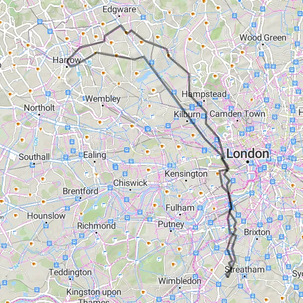 Map miniature of "Classic Road Ride: Harrow to Notting Hill Circuit" cycling inspiration in Outer London — West and North West, United Kingdom. Generated by Tarmacs.app cycling route planner