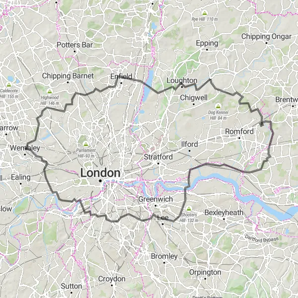 Map miniature of "Exploring East London: Gotford's Hill to Harlesden" cycling inspiration in Outer London — West and North West, United Kingdom. Generated by Tarmacs.app cycling route planner