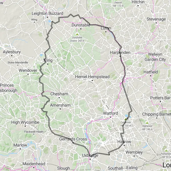 Map miniature of "Epic Harrow Hill to Harrow Weald Loop" cycling inspiration in Outer London — West and North West, United Kingdom. Generated by Tarmacs.app cycling route planner