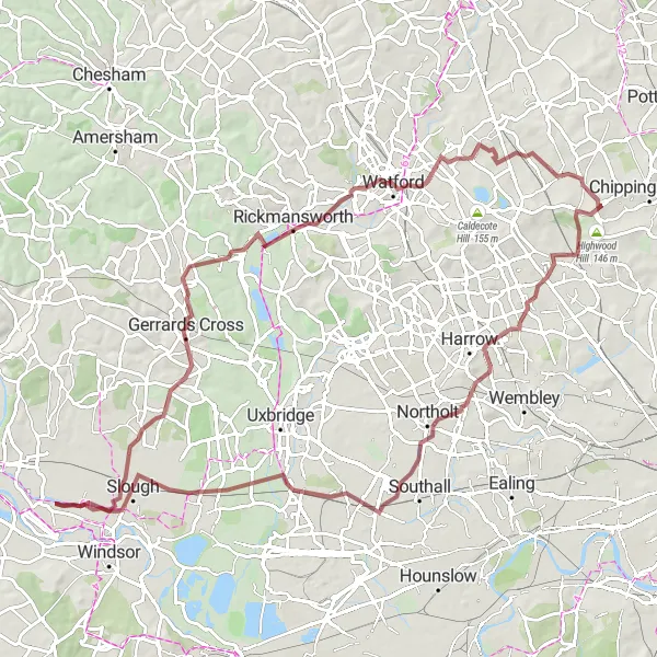 Map miniature of "The Chiltern Climber" cycling inspiration in Outer London — West and North West, United Kingdom. Generated by Tarmacs.app cycling route planner