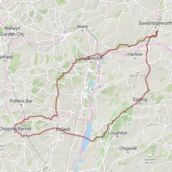 Map miniature of "Gravel Adventure to Epping and Cockfosters" cycling inspiration in Outer London — West and North West, United Kingdom. Generated by Tarmacs.app cycling route planner