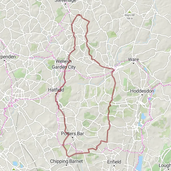 Map miniature of "Gravel Adventure through Hertfordshire" cycling inspiration in Outer London — West and North West, United Kingdom. Generated by Tarmacs.app cycling route planner