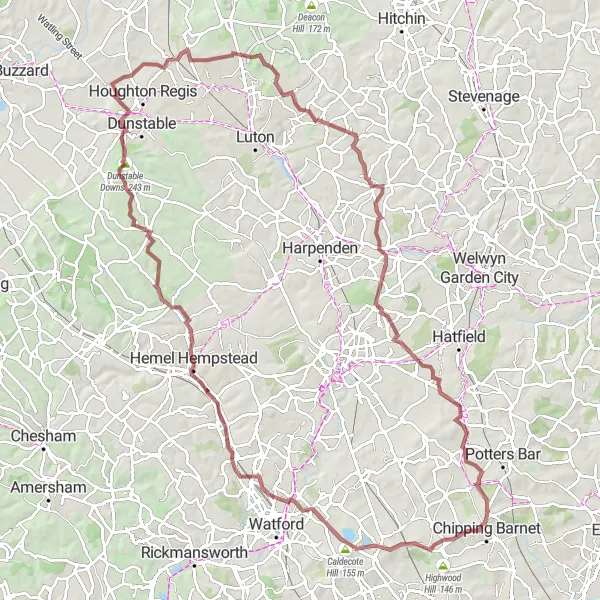 Map miniature of "Stunning Gravel Route through Hemel Hempstead" cycling inspiration in Outer London — West and North West, United Kingdom. Generated by Tarmacs.app cycling route planner