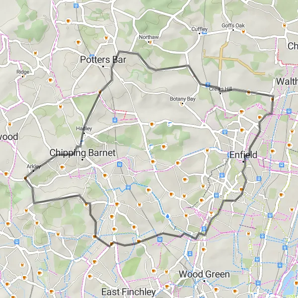 Map miniature of "The Edmonton Dash" cycling inspiration in Outer London — West and North West, United Kingdom. Generated by Tarmacs.app cycling route planner