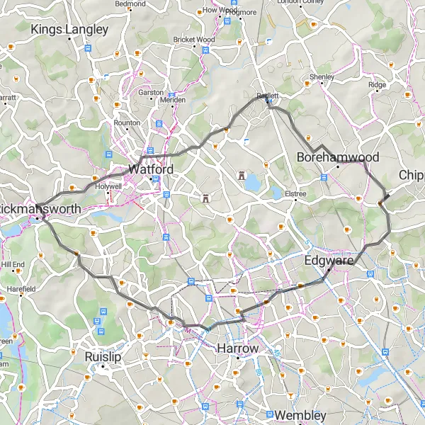 Map miniature of "The Watford Explorer" cycling inspiration in Outer London — West and North West, United Kingdom. Generated by Tarmacs.app cycling route planner