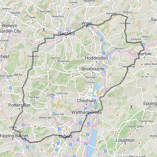 Map miniature of "The Hertford Express" cycling inspiration in Outer London — West and North West, United Kingdom. Generated by Tarmacs.app cycling route planner