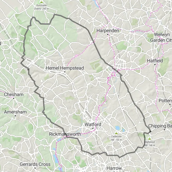 Map miniature of "Northwest Countryside Loop" cycling inspiration in Outer London — West and North West, United Kingdom. Generated by Tarmacs.app cycling route planner