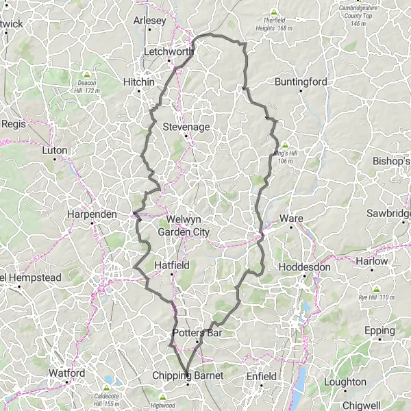 Map miniature of "Challenging Road Ride to Northaw" cycling inspiration in Outer London — West and North West, United Kingdom. Generated by Tarmacs.app cycling route planner
