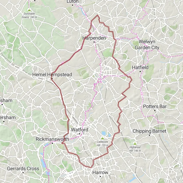 Map miniature of "Pinner and the Seven Hills" cycling inspiration in Outer London — West and North West, United Kingdom. Generated by Tarmacs.app cycling route planner