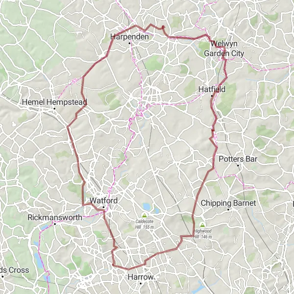 Map miniature of "The Hertfordshire Loop" cycling inspiration in Outer London — West and North West, United Kingdom. Generated by Tarmacs.app cycling route planner