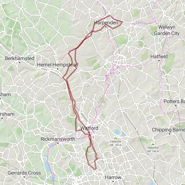 Map miniature of "Kings Langley Adventure" cycling inspiration in Outer London — West and North West, United Kingdom. Generated by Tarmacs.app cycling route planner