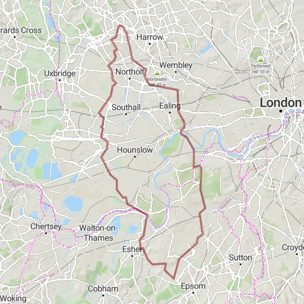 Map miniature of "London Countryside Delights" cycling inspiration in Outer London — West and North West, United Kingdom. Generated by Tarmacs.app cycling route planner