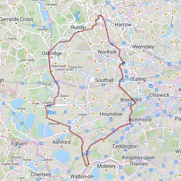 Map miniature of "Twickenham Gravel Escape" cycling inspiration in Outer London — West and North West, United Kingdom. Generated by Tarmacs.app cycling route planner