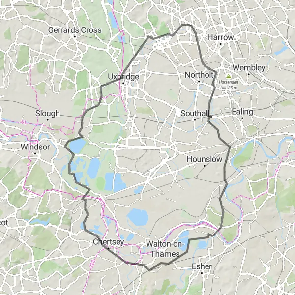 Map miniature of "Chertsey Loop" cycling inspiration in Outer London — West and North West, United Kingdom. Generated by Tarmacs.app cycling route planner